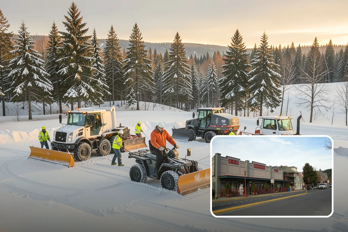 Daycare Parking Lot Snow Removal in Issaquah, King County, WA - Parents carrying children cross a cleared, deiced path to the door