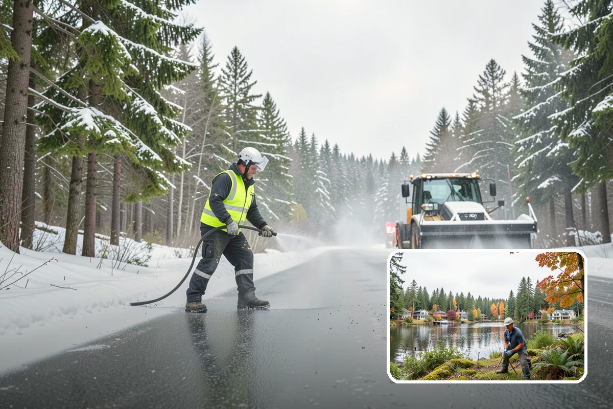 Daycare Parking Lot Snow Removal in La Conner, Skagit County, WA - Parents carrying children cross a cleared, deiced path to the door