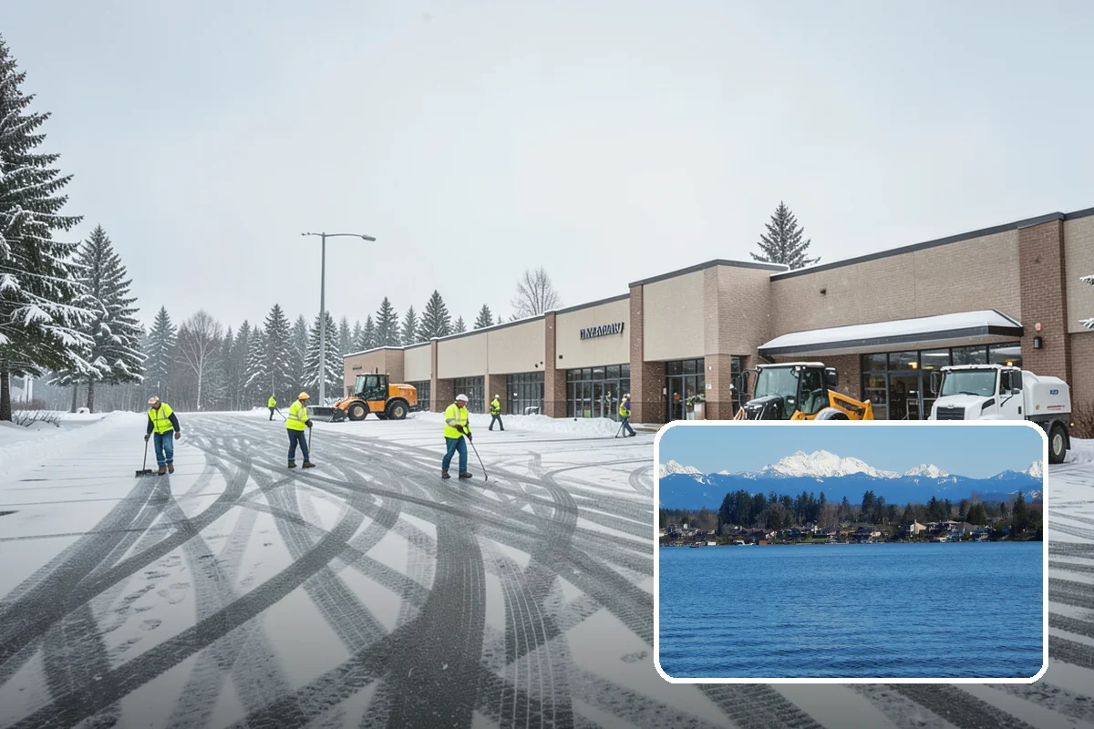 Daycare Parking Lot Snow Removal in Lake Stevens, Snohomish County, WA - Parents carrying children cross a cleared, deiced path to the door
