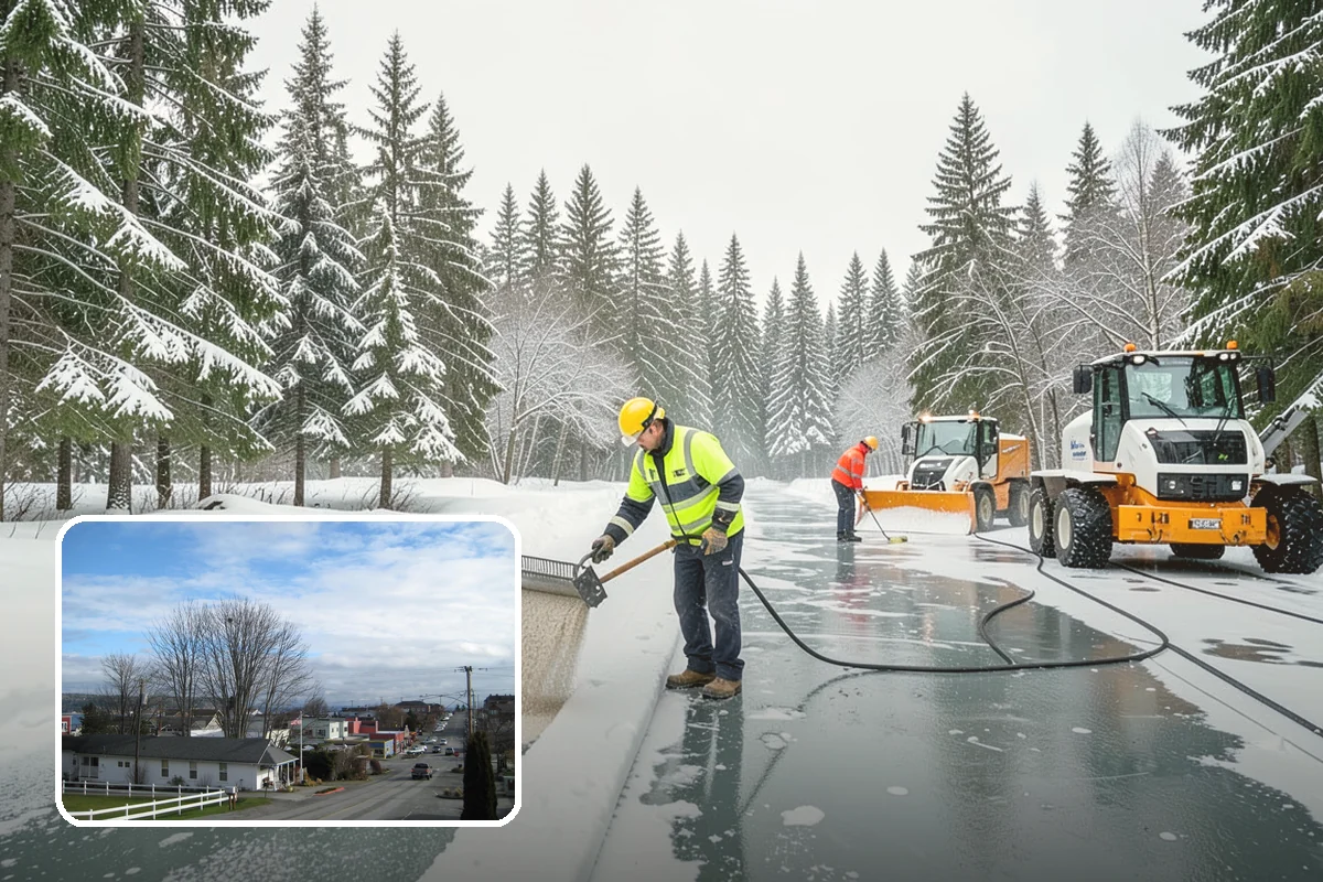 Daycare Parking Lot Snow Removal in Langley, Island County, WA - Parents carrying children cross a cleared, deiced path to the door