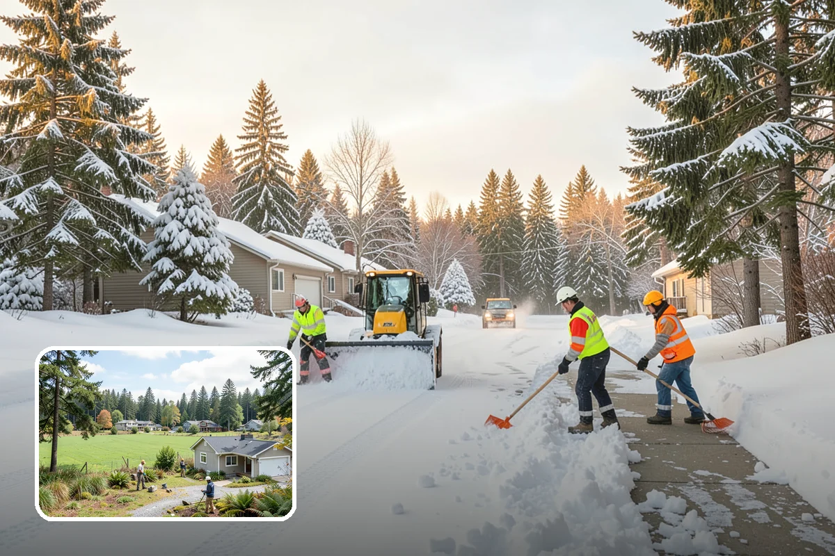 Daycare Parking Lot Snow Removal in Lyman, Skagit County, WA - Parents carrying children cross a cleared, deiced path to the door