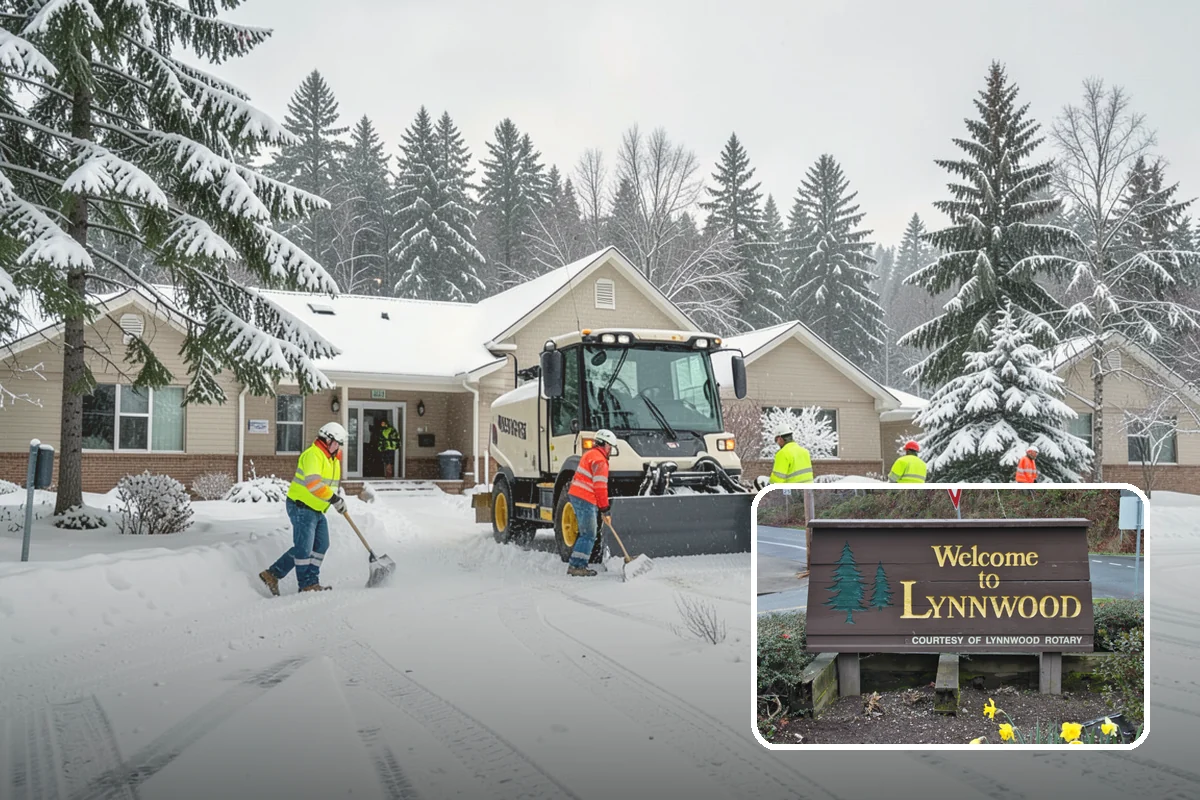 Daycare Parking Lot Snow Removal in Lynnwood, Snohomish County, WA - Parents carrying children cross a cleared, deiced path to the door