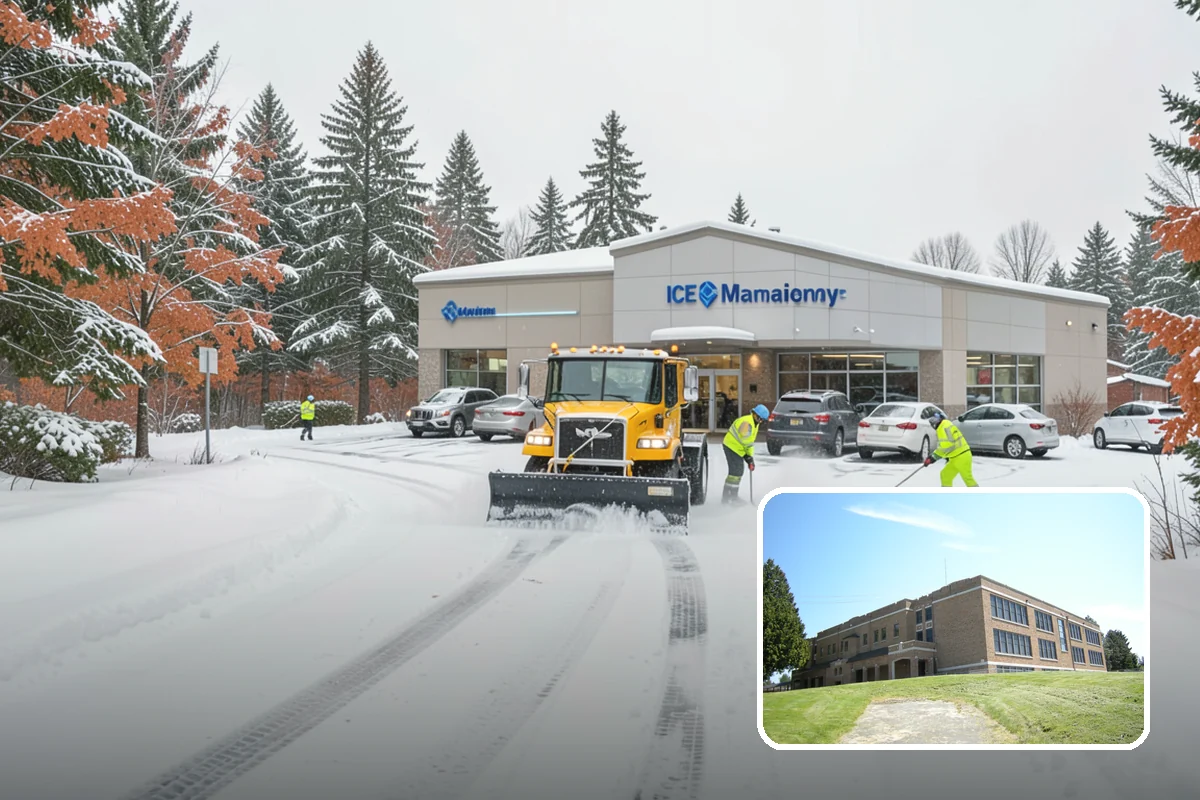 Daycare Parking Lot Snow Removal in Maple Valley, King County, WA - Parents carrying children cross a cleared, deiced path to the door