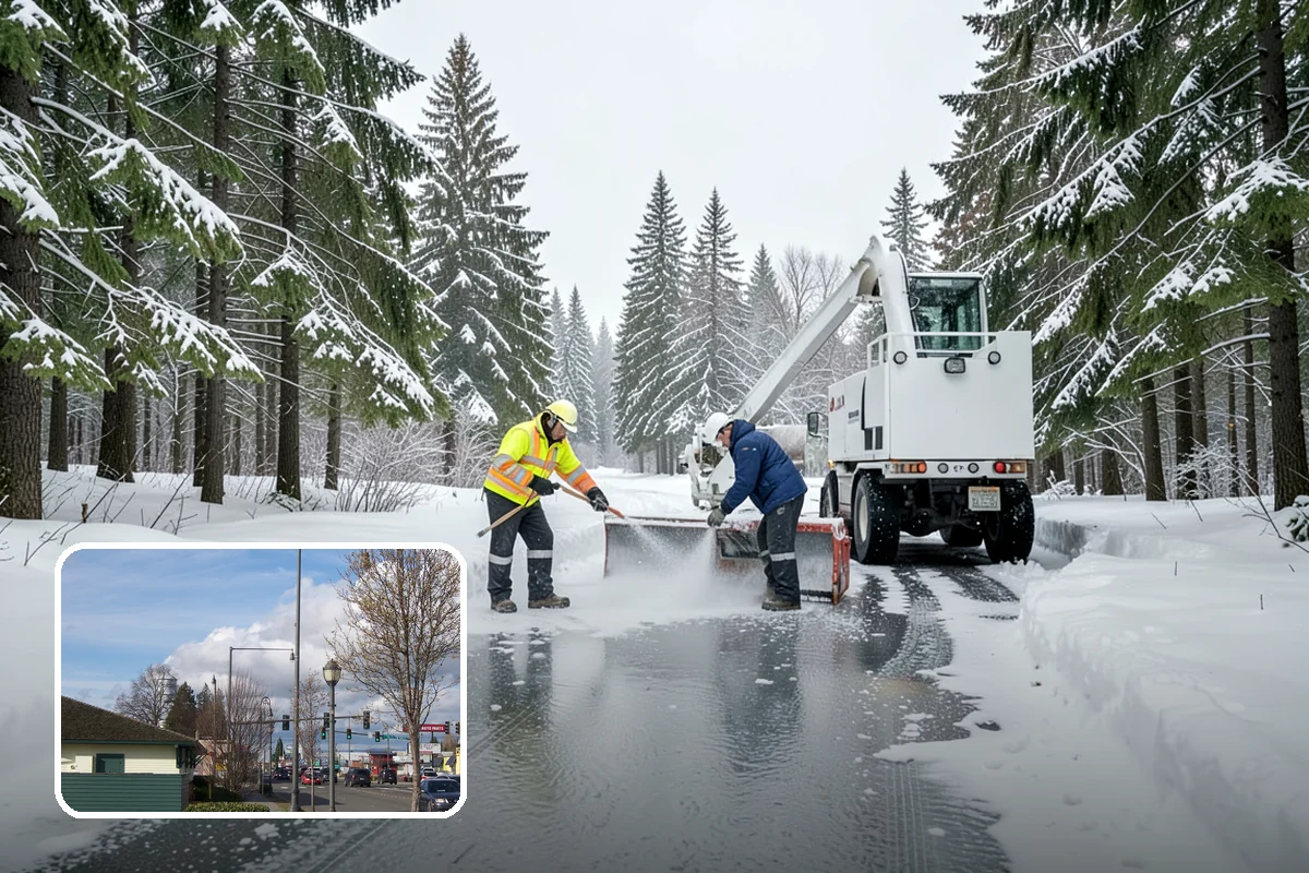 Daycare Parking Lot Snow Removal in Marysville, Snohomish County, WA - Parents carrying children cross a cleared, deiced path to the door