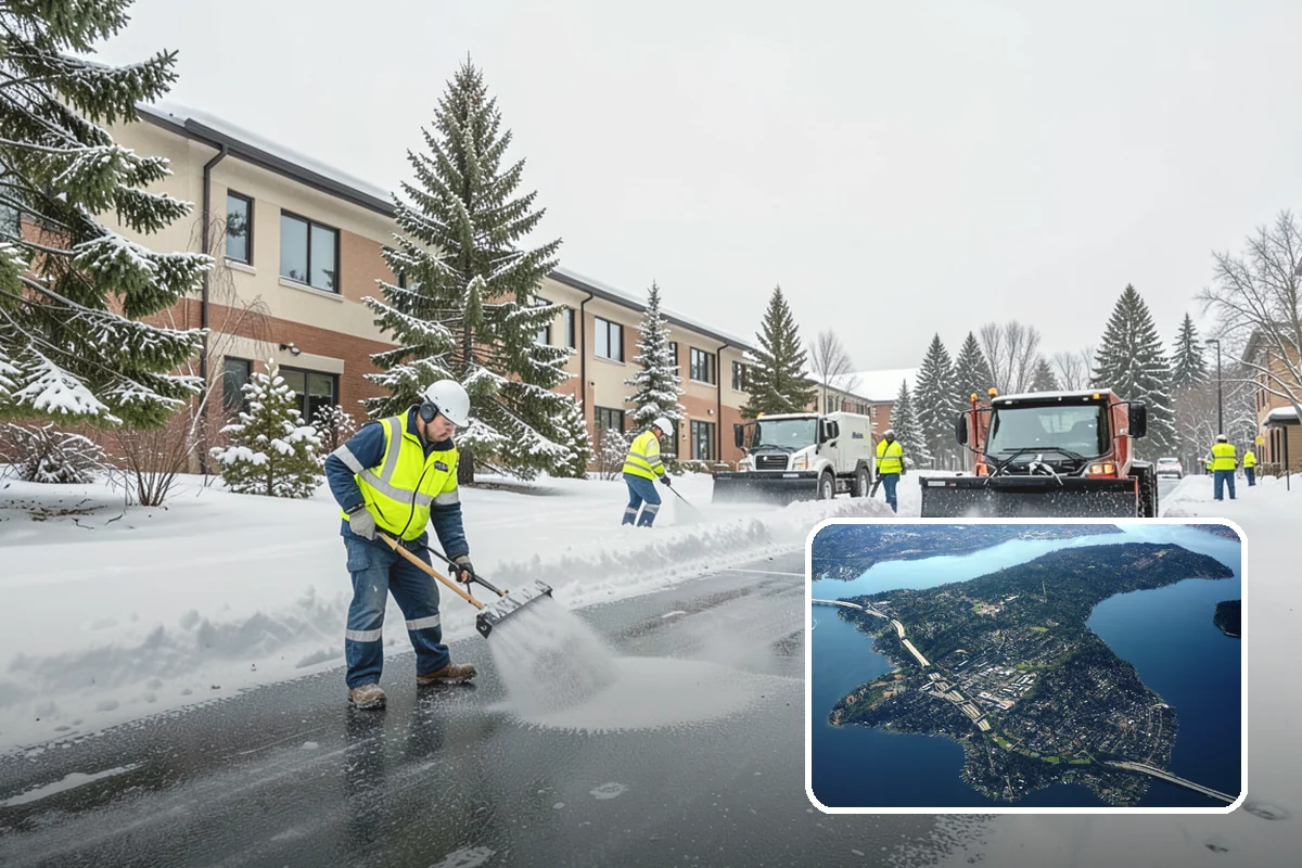 Daycare Parking Lot Snow Removal in Mercer Island, King County, WA - Parents carrying children cross a cleared, deiced path to the door