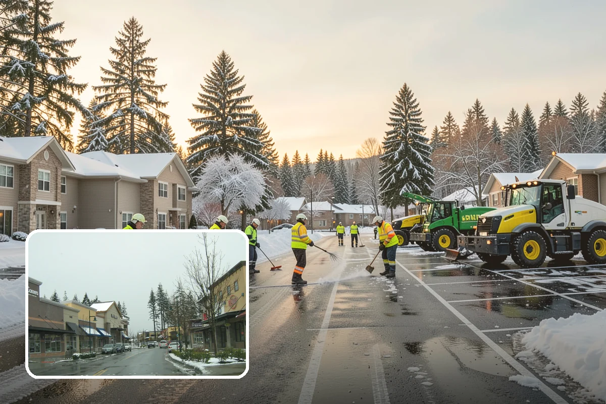 Daycare Parking Lot Snow Removal in Mill Creek, Snohomish County, WA - Parents carrying children cross a cleared, deiced path to the door
