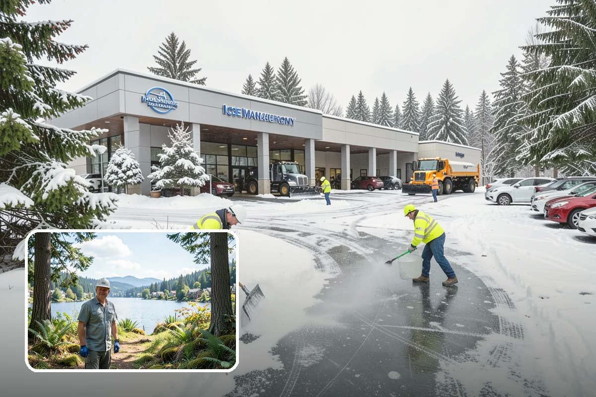 Daycare Parking Lot Snow Removal in Milton, King County, WA - Parents carrying children cross a cleared, deiced path to the door