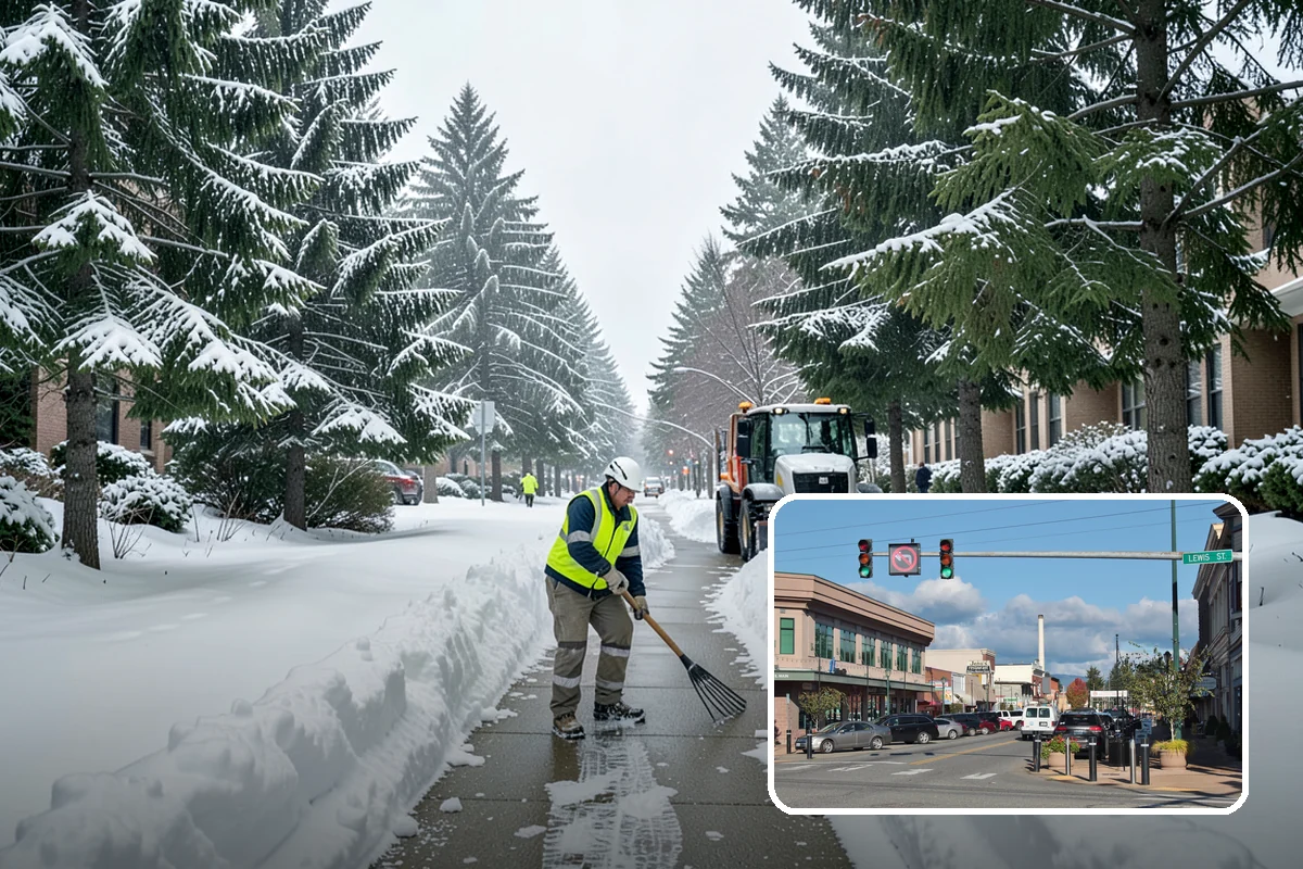 Daycare Parking Lot Snow Removal in Monroe, Snohomish County, WA - Parents carrying children cross a cleared, deiced path to the door