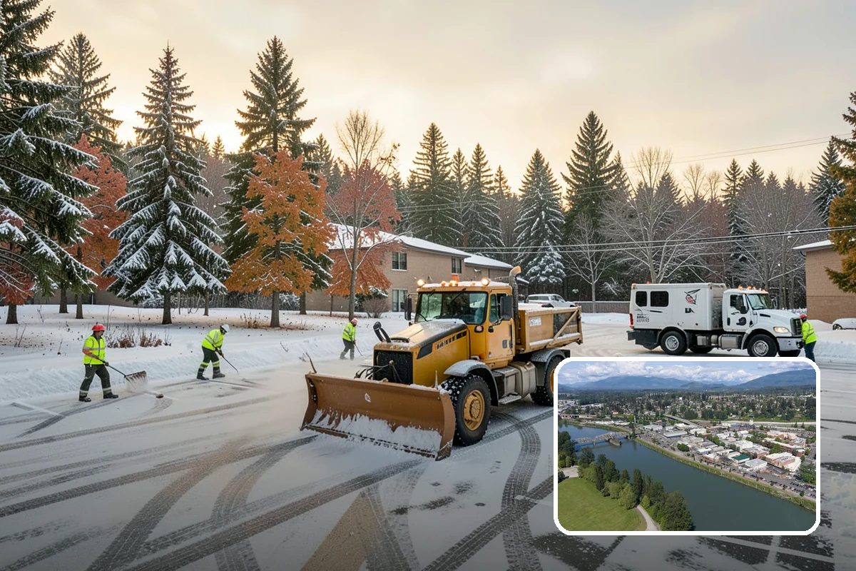 Daycare Parking Lot Snow Removal in Mount Vernon, Skagit County, WA - Parents carrying children cross a cleared, deiced path to the door