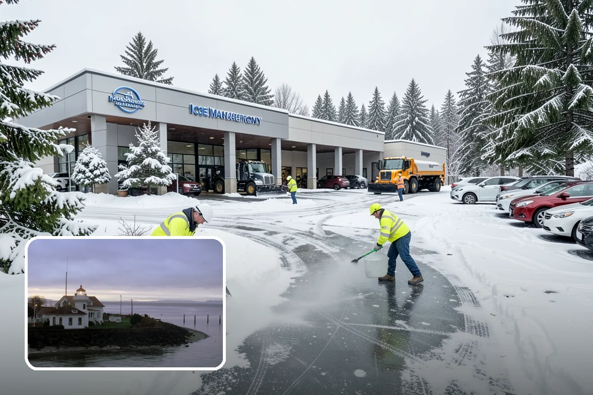 Daycare Parking Lot Snow Removal in Mukilteo, Snohomish County, WA - Parents carrying children cross a cleared, deiced path to the door