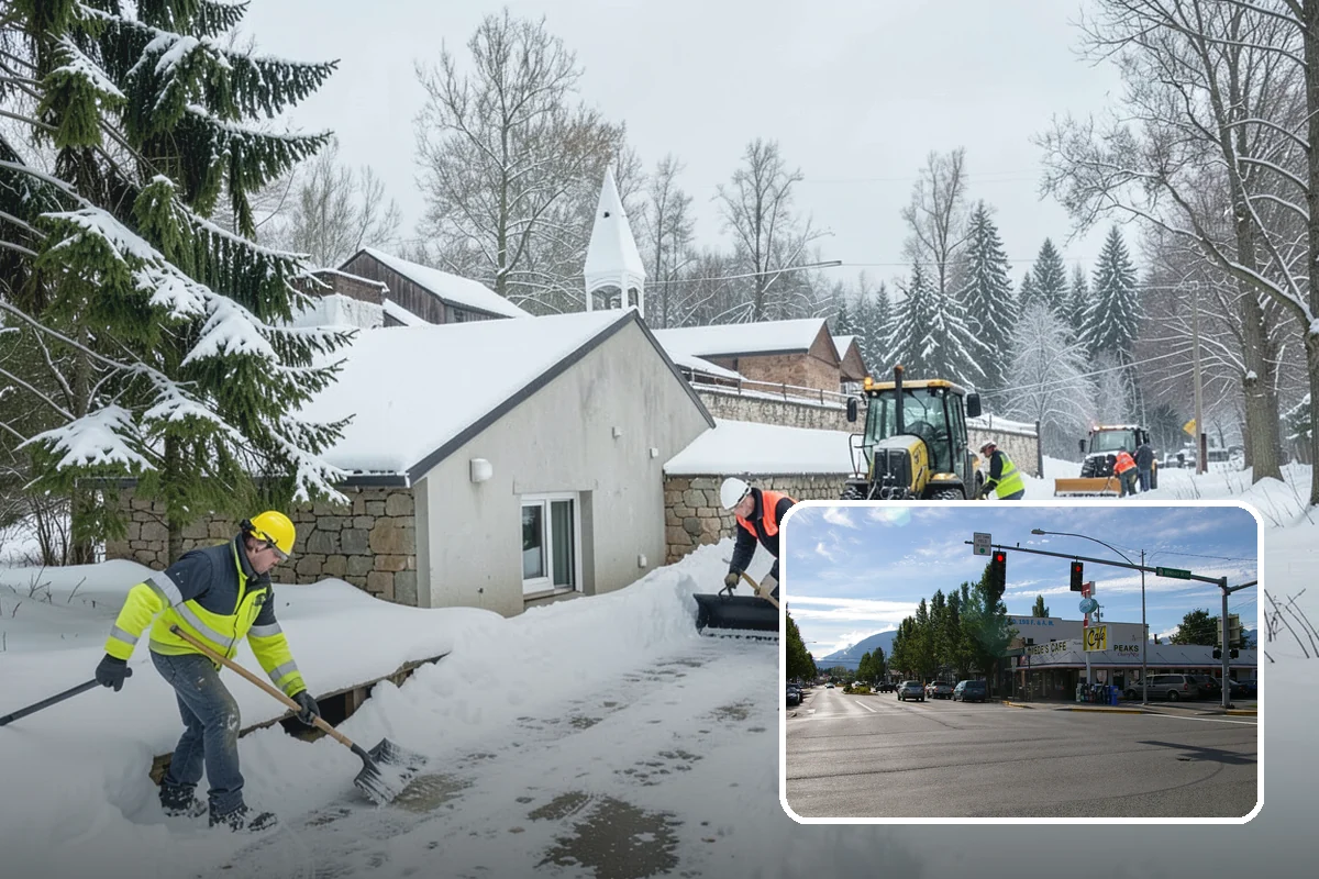 Daycare Parking Lot Snow Removal in North Bend, King County, WA - Parents carrying children cross a cleared, deiced path to the door