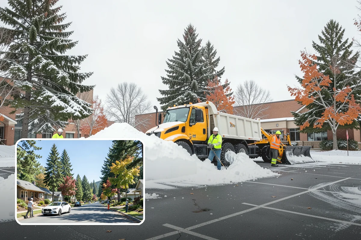 Daycare Parking Lot Snow Removal in Orting, Pierce County, WA - Parents carrying children cross a cleared, deiced path to the door