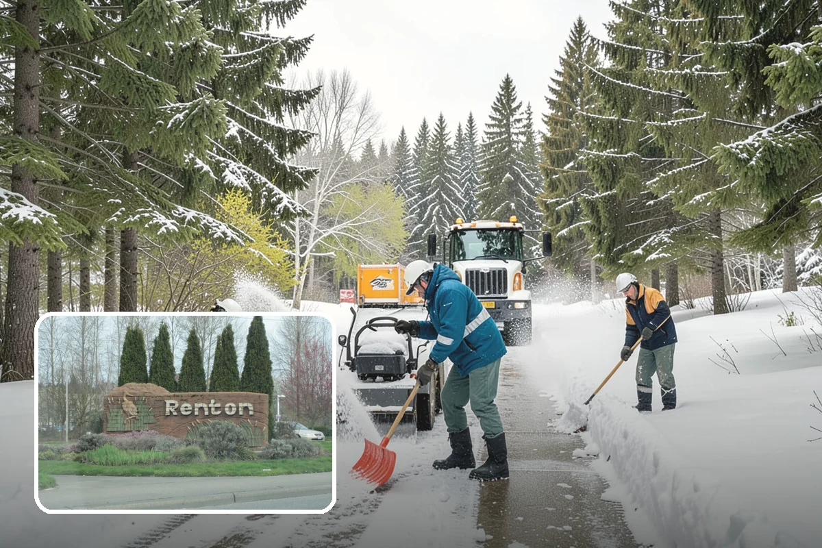 Daycare Parking Lot Snow Removal in Renton, King County, WA - Parents carrying children cross a cleared, deiced path to the door