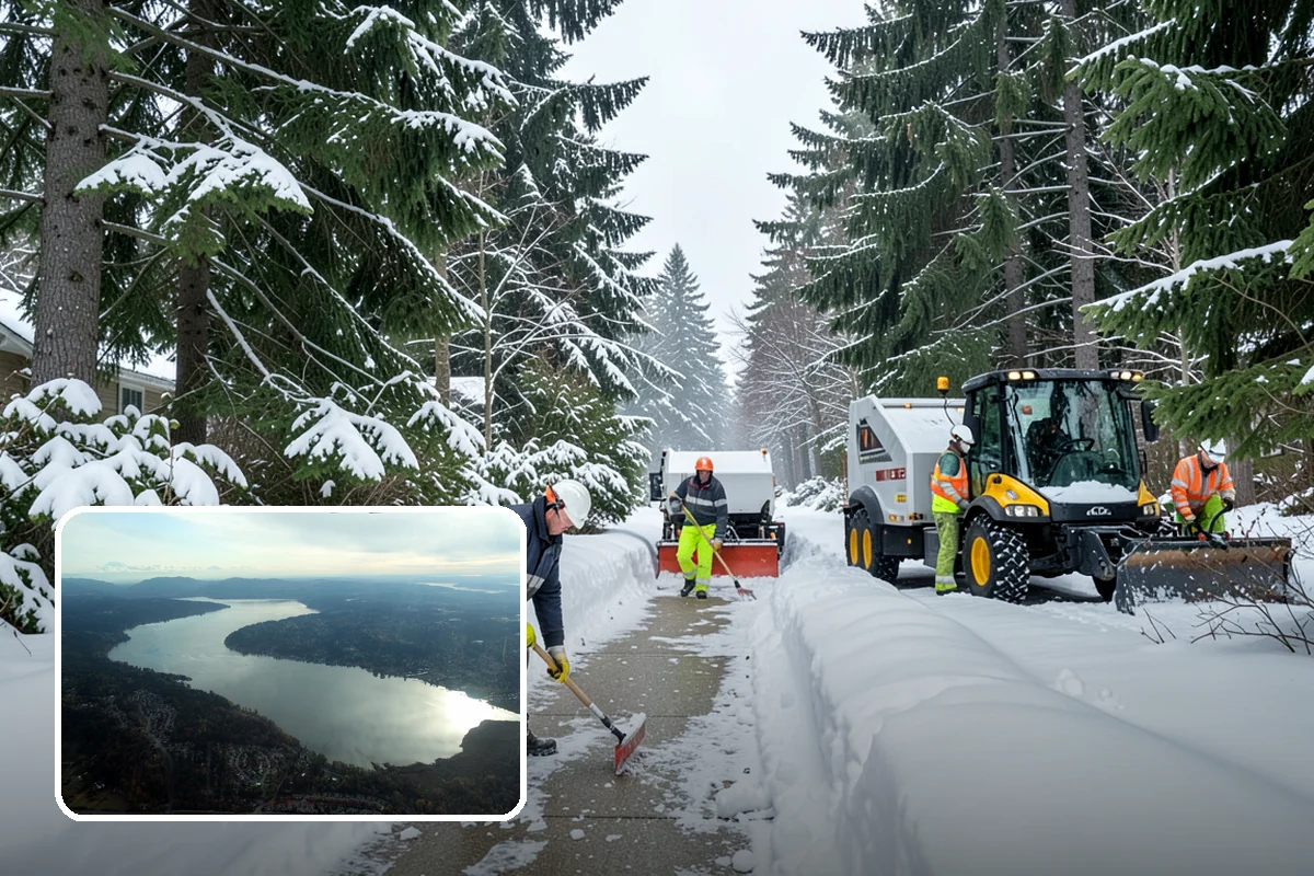 Daycare Parking Lot Snow Removal in Sammamish, King County, WA - Parents carrying children cross a cleared, deiced path to the door