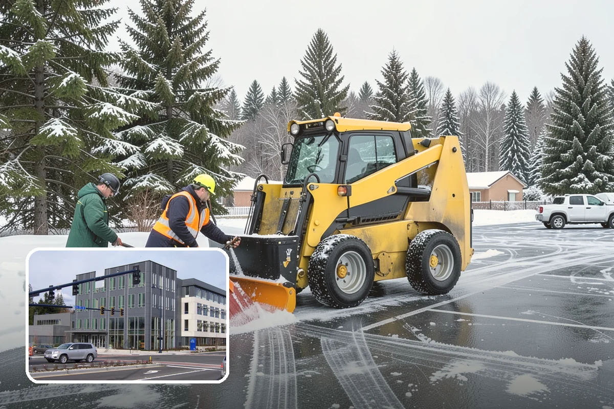 Daycare Parking Lot Snow Removal in Shoreline, King County, WA - Parents carrying children cross a cleared, deiced path to the door