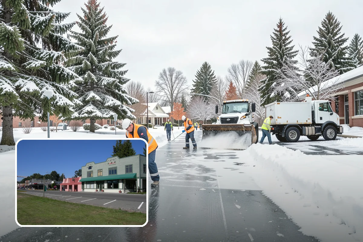 Daycare Parking Lot Snow Removal in Snoqualmie, King County, WA - Parents carrying children cross a cleared, deiced path to the door