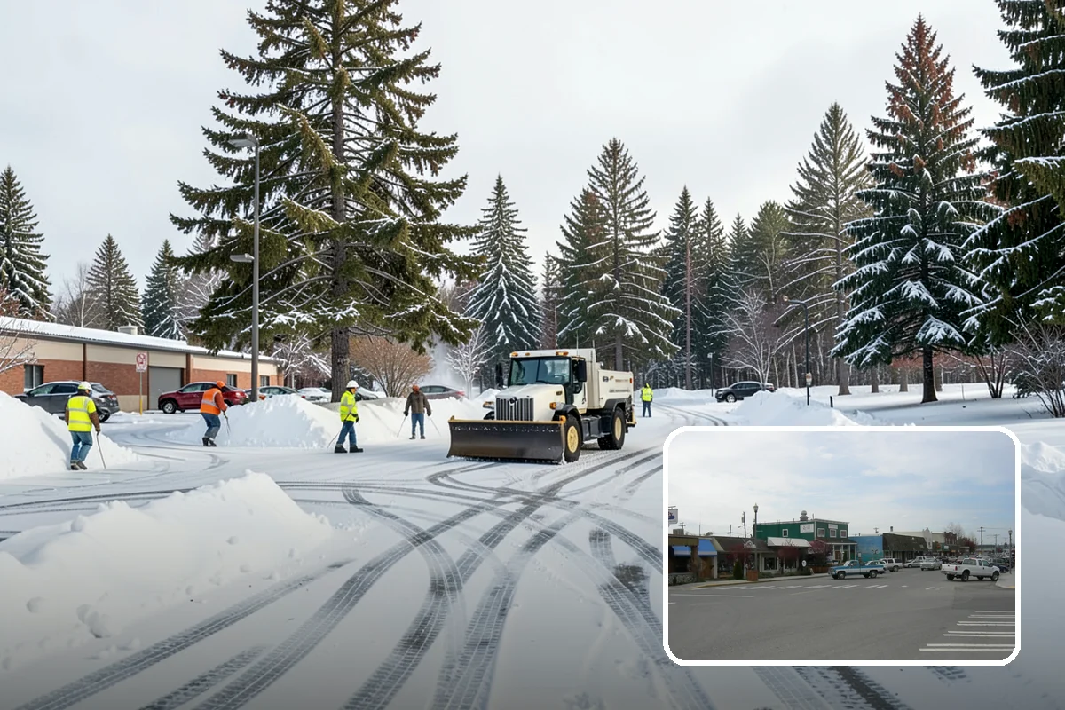 Daycare Parking Lot Snow Removal in Stanwood, Snohomish County, WA - Parents carrying children cross a cleared, deiced path to the door