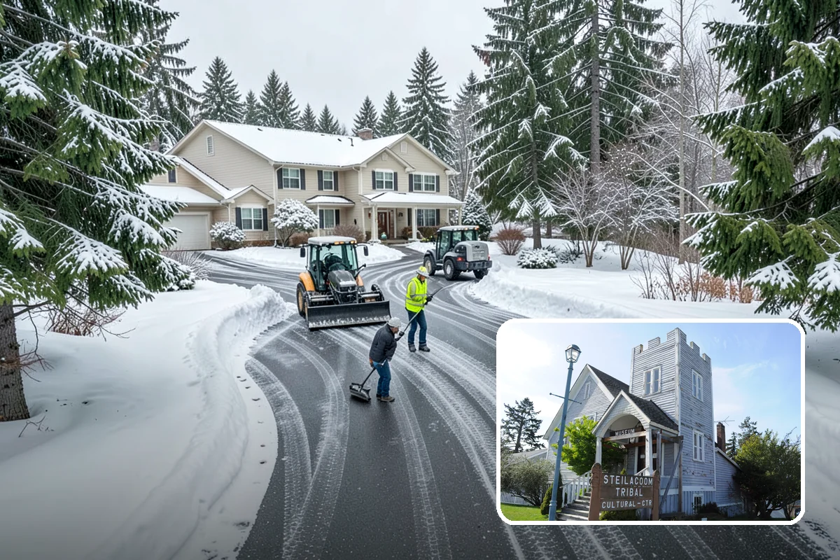 Daycare Parking Lot Snow Removal in Steilacoom, Pierce County, WA - Parents carrying children cross a cleared, deiced path to the door