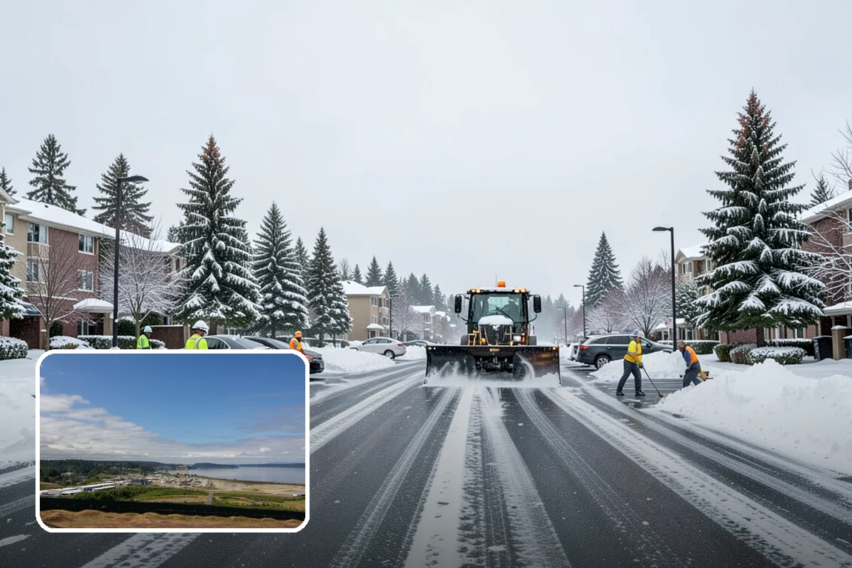 Daycare Parking Lot Snow Removal in University Place, Pierce County, WA - Parents carrying children cross a cleared, deiced path to the door