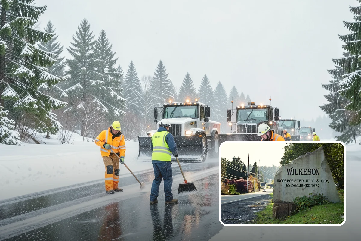 Daycare Parking Lot Snow Removal in Wilkeson, Pierce County, WA - Parents carrying children cross a cleared, deiced path to the door