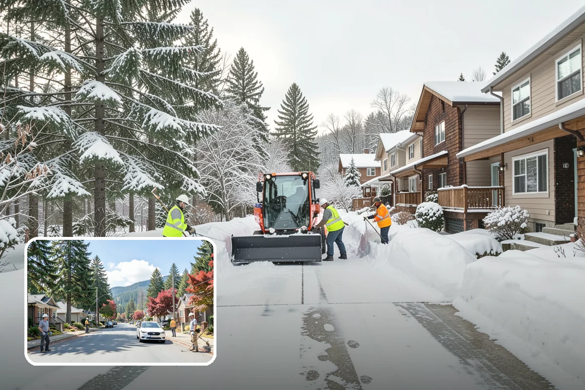 Daycare Snow Plowing in Hunts Point, King County, WA - Drop-off lane and parent lot cleared before opening