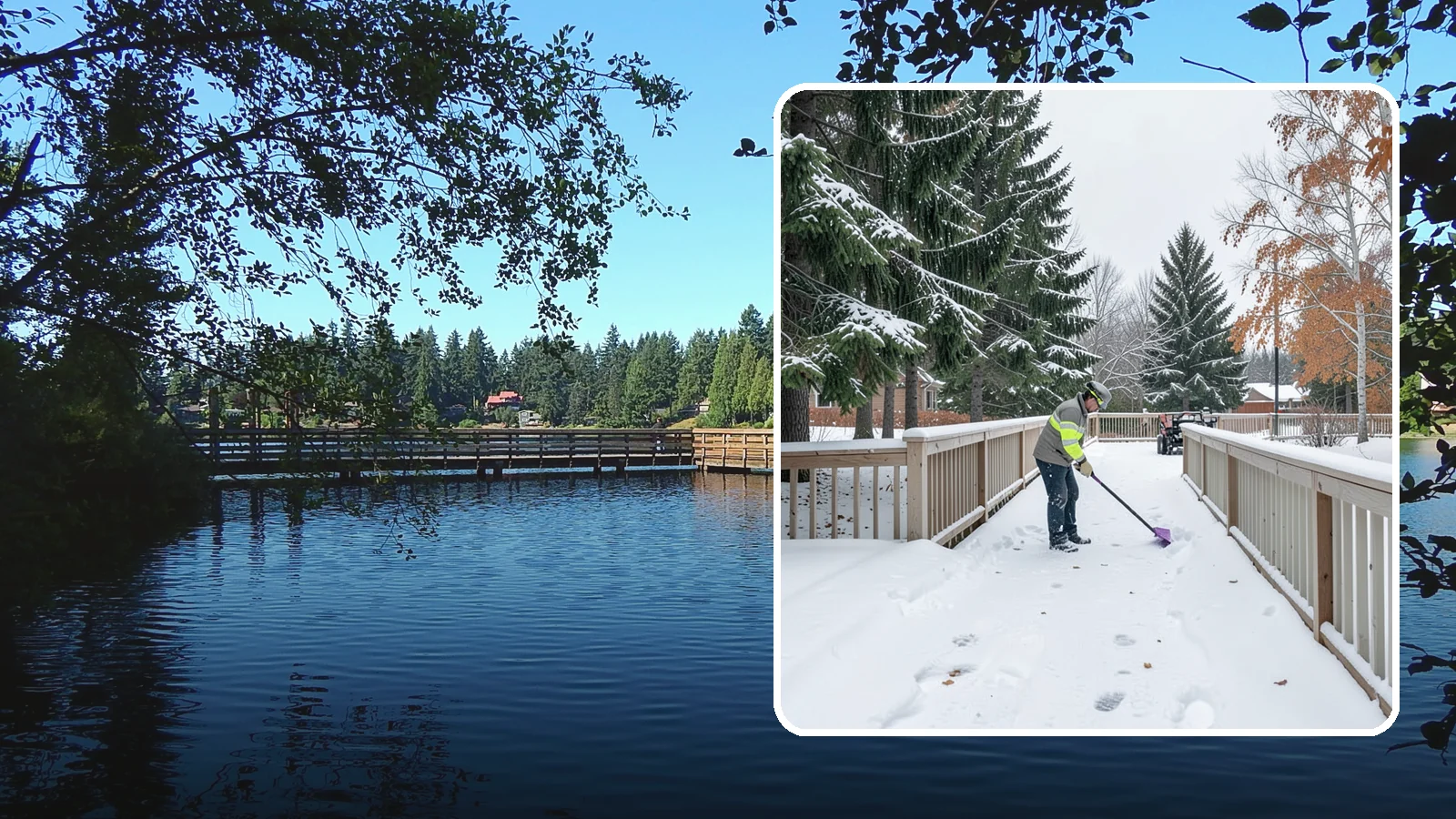 Deck Snow Removal in Federal Way, King County, WA - We clear snow from elevated decks so the added weight and moisture never threaten your boards or joists.