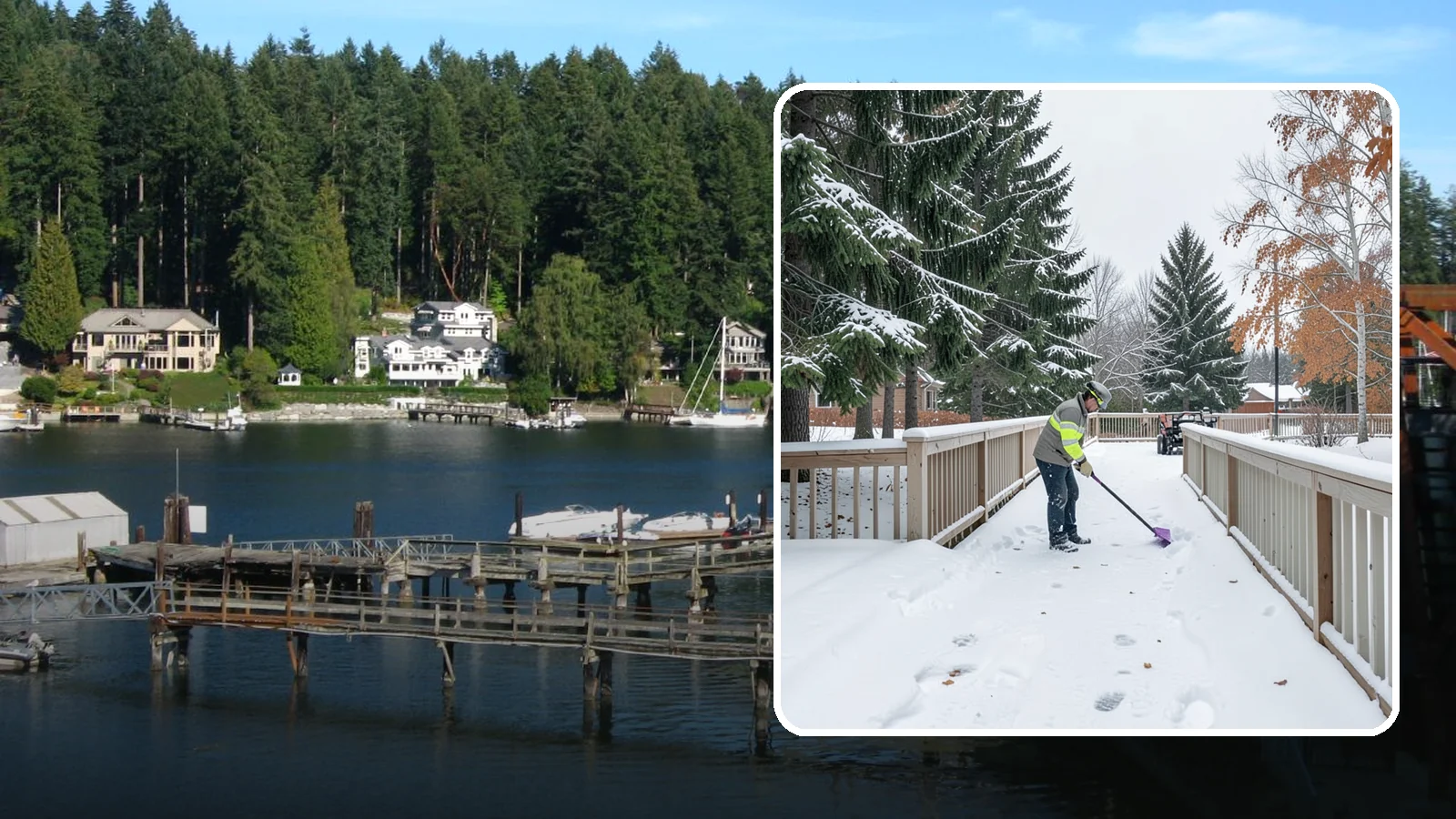 Deck Snow Removal in Gig Harbor, Pierce County, WA - We clear snow from elevated decks so the added weight and moisture never threaten your boards or joists.