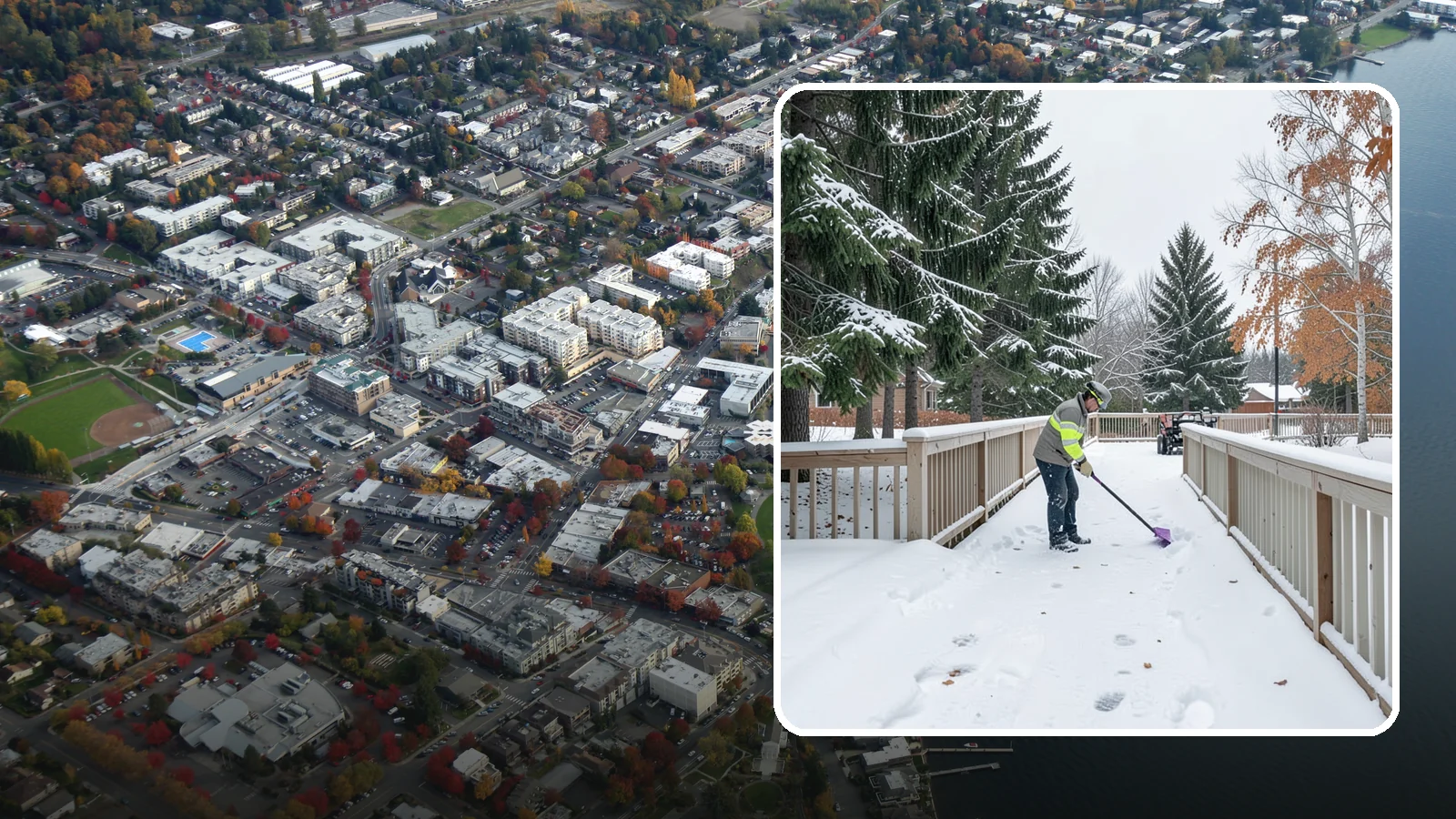 Deck Snow Removal in Kirkland, King County, WA - We clear snow from elevated decks so the added weight and moisture never threaten your boards or joists.