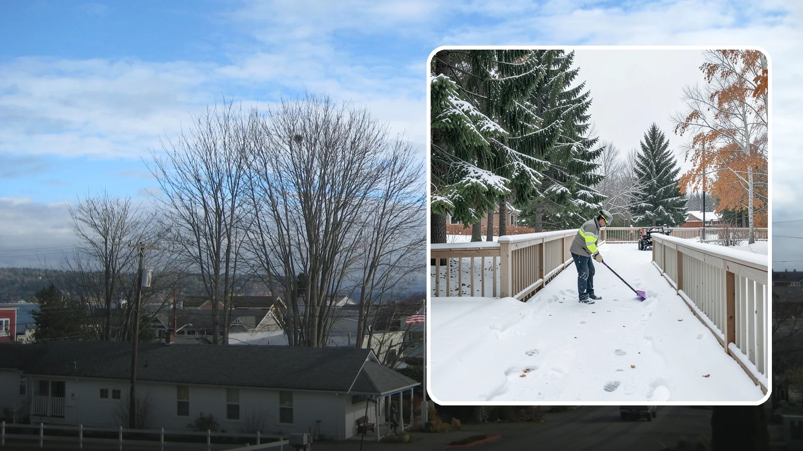 Deck Snow Removal in Langley, Island County, WA - We clear snow from elevated decks so the added weight and moisture never threaten your boards or joists.