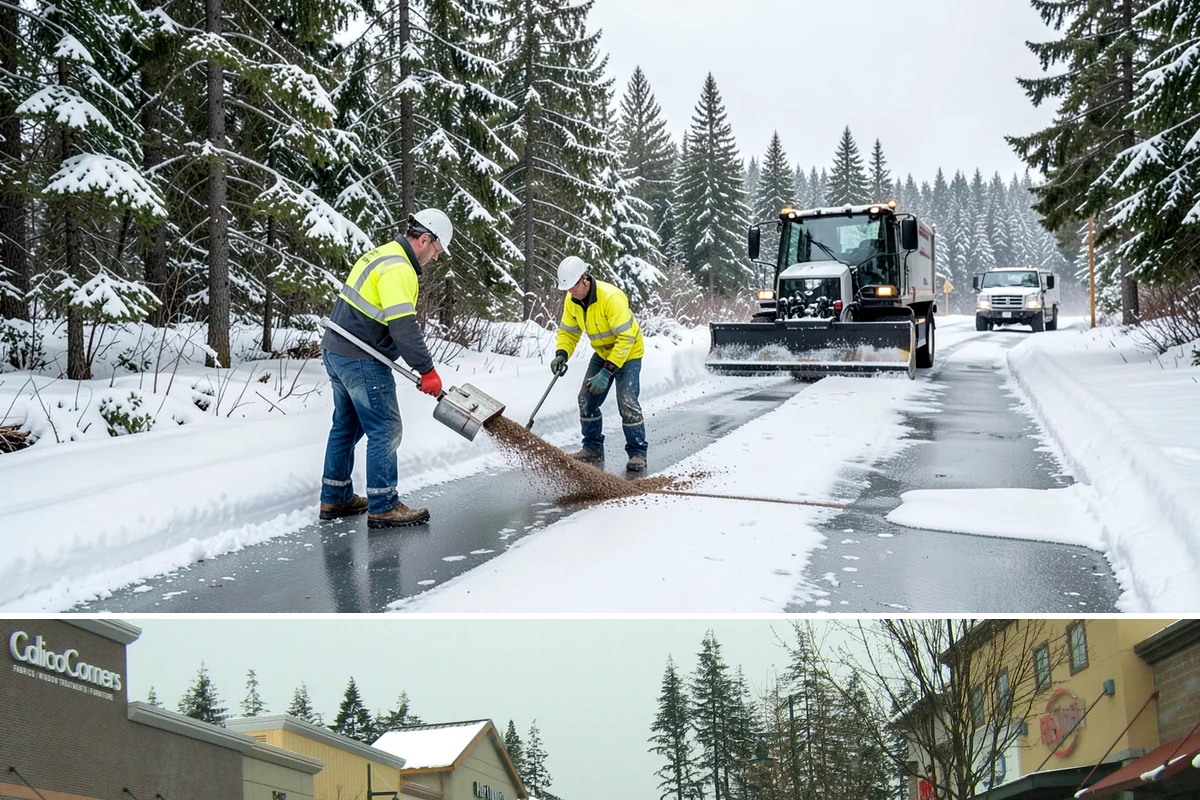 Distribution Center Snow Removal in Mill Creek, Snohomish County, WA - Peak demand runs December through February when lowland cold snaps ice over yards that stayed wet during the day.