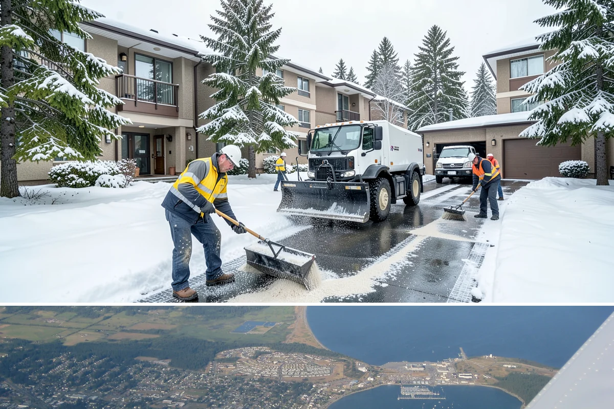 Distribution Center Snow Removal in Oak Harbor, Island County, WA - Peak demand runs December through February when lowland cold snaps ice over yards that stayed wet during the day.