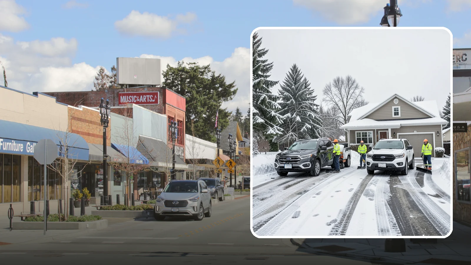 Double Driveway Snow Removal in Bothell, King County, WA - We clear wide two-car driveways completely so both vehicles are ready to go after a storm.