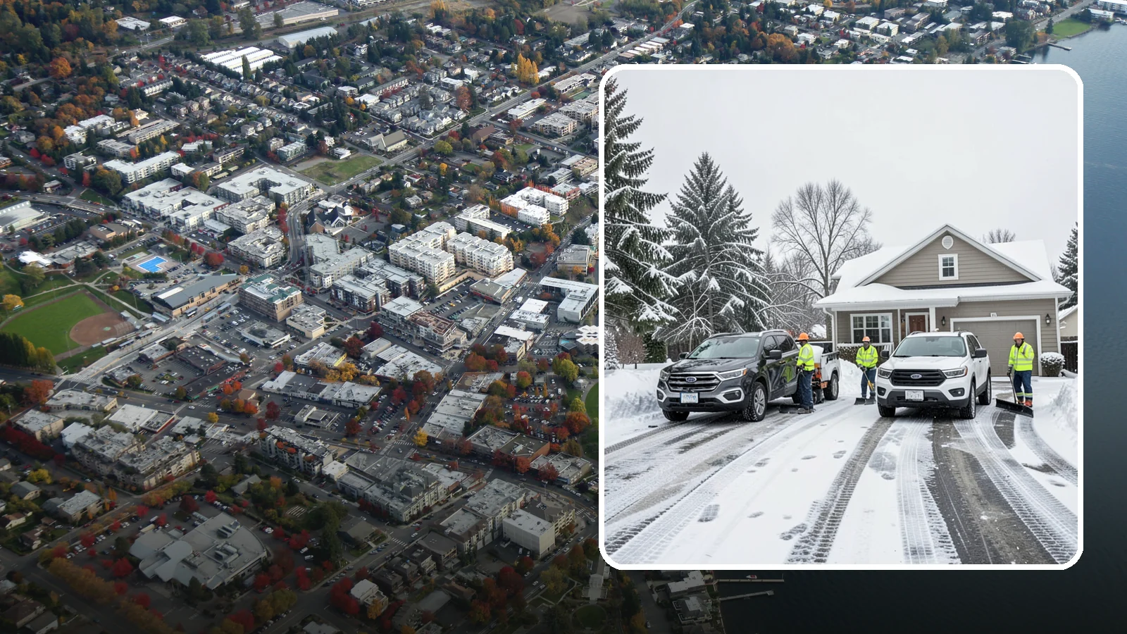 Double Driveway Snow Removal in Kirkland, King County, WA - We clear wide two-car driveways completely so both vehicles are ready to go after a storm.