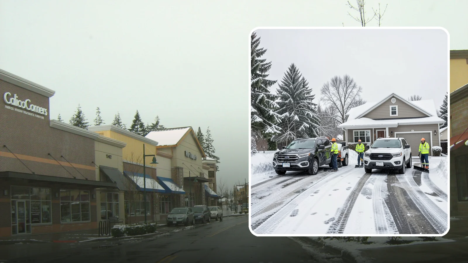 Double Driveway Snow Removal in Mill Creek, Snohomish County, WA - We clear wide two-car driveways completely so both vehicles are ready to go after a storm.