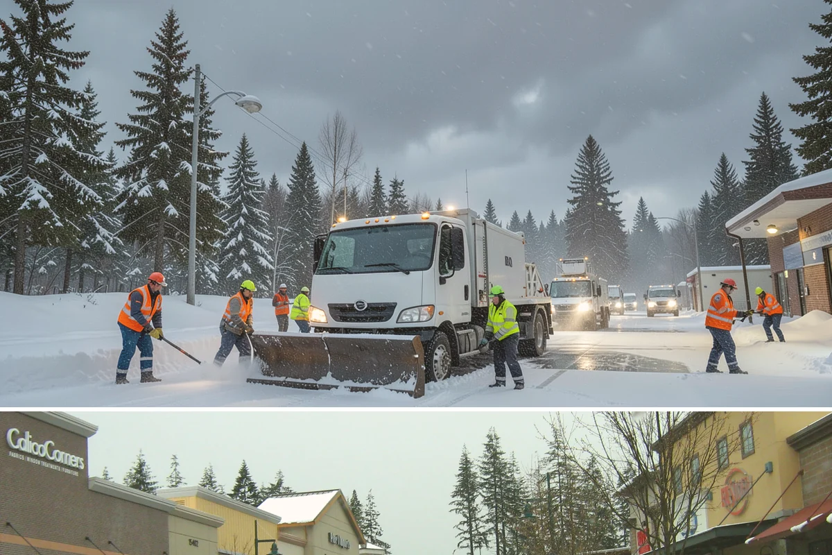 Double Driveway Snow Removal in Mill Creek, Snohomish County, WA - Double driveway clearing peaks during the midwinter snow window.