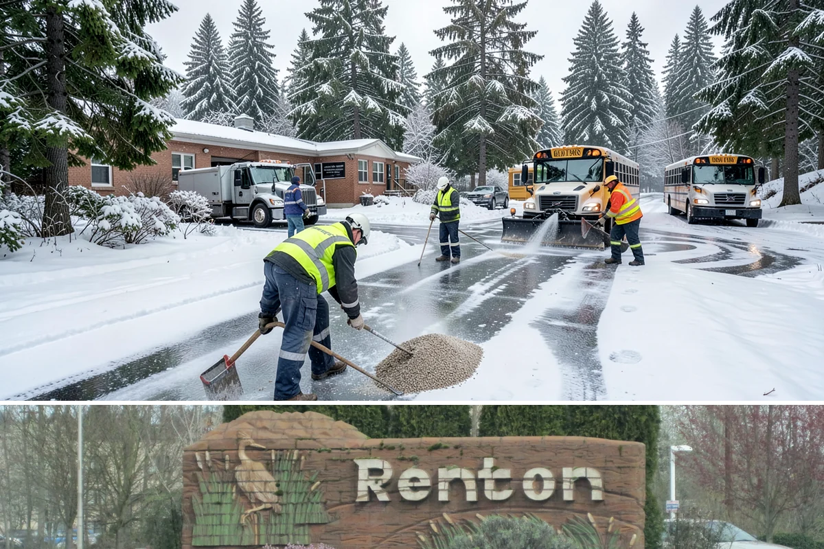 Double Driveway Snow Removal in Renton, King County, WA - Double driveway clearing peaks during the midwinter snow window.