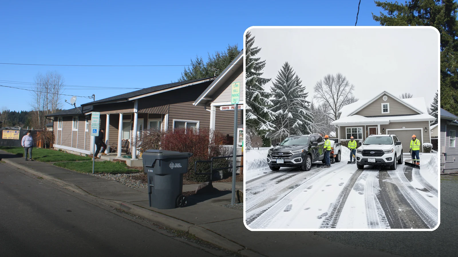 Double Driveway Snow Removal in South Prairie, Pierce County, WA - We clear wide two-car driveways completely so both vehicles are ready to go after a storm.