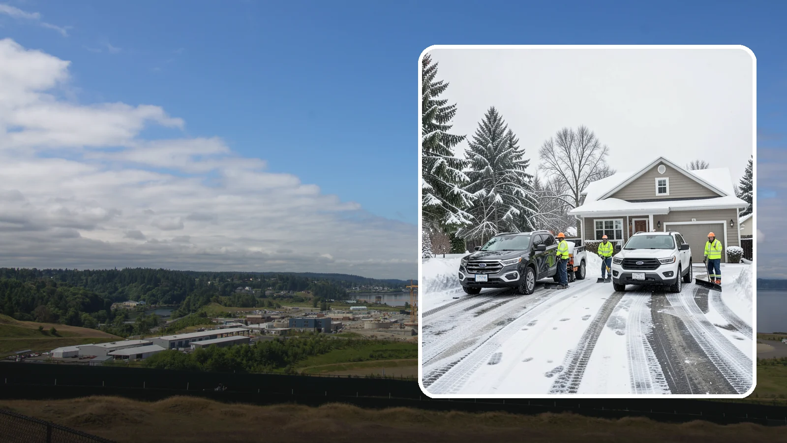 Double Driveway Snow Removal in University Place, Pierce County, WA - We clear wide two-car driveways completely so both vehicles are ready to go after a storm.