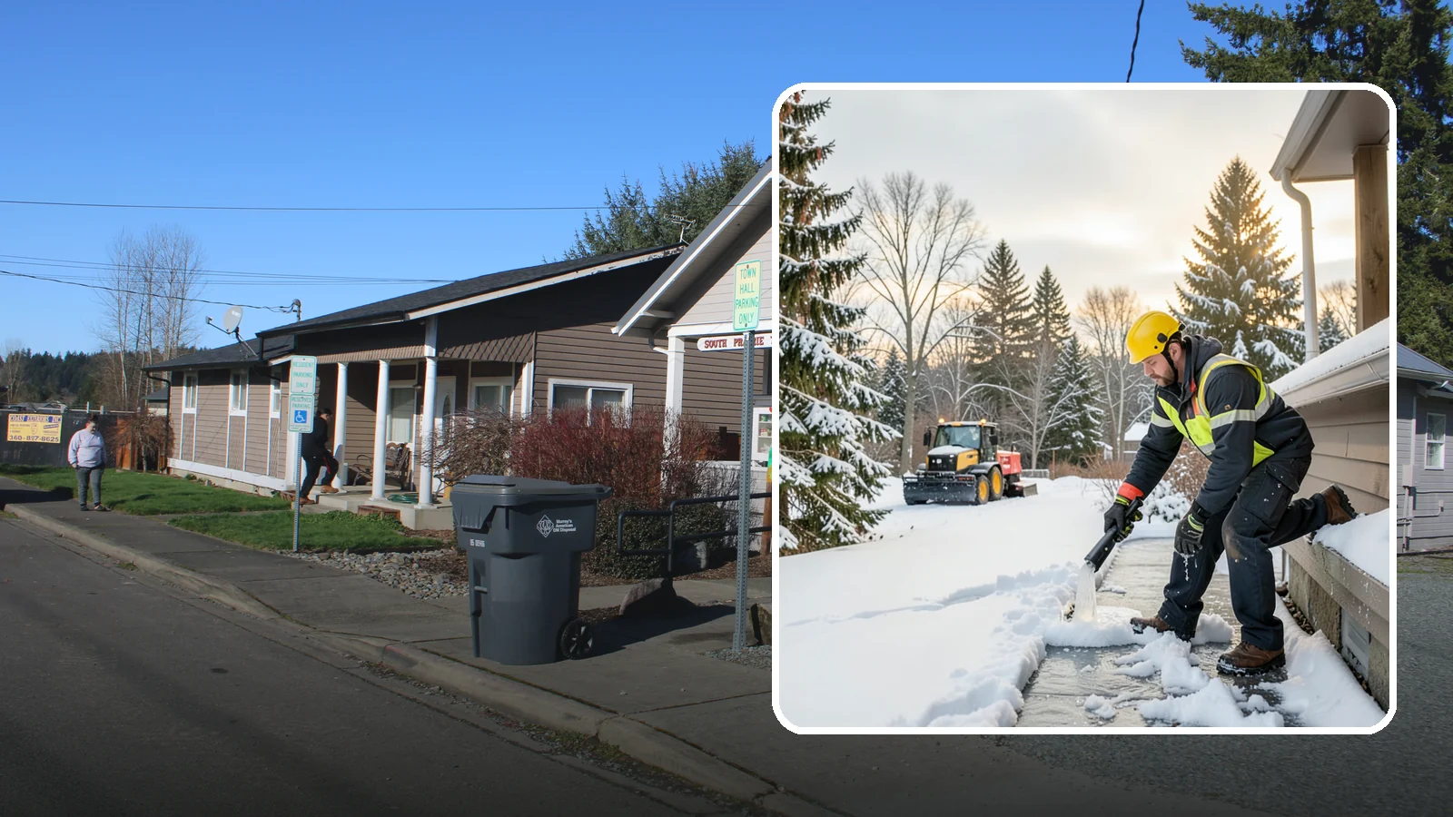 Downspout Ice Removal in South Prairie, Pierce County, WA - We thaw and clear ice-blocked downspouts so roof meltwater drains instead of backing up.