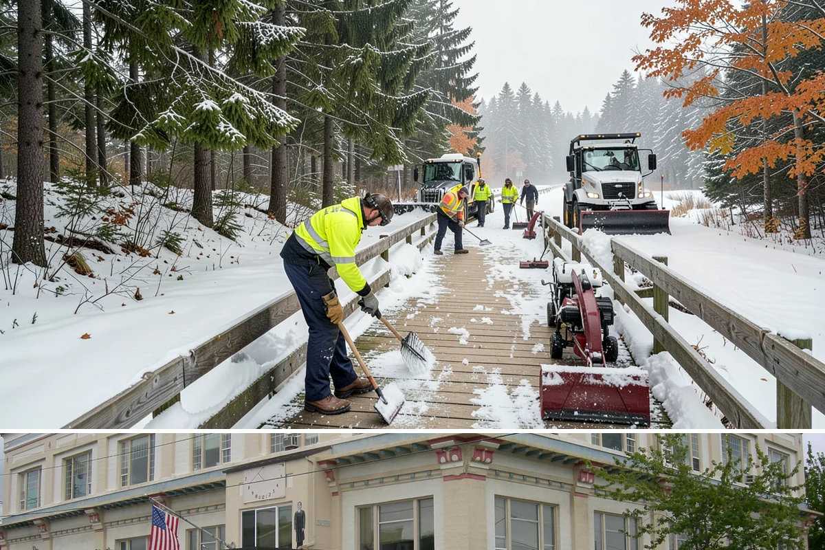 Downtown Snow Hauling in Anacortes, Skagit County, WA - Downtown hauling is done off-peak or overnight whenever lowland snow sticks and the dense grid leaves nowhere to stack it.