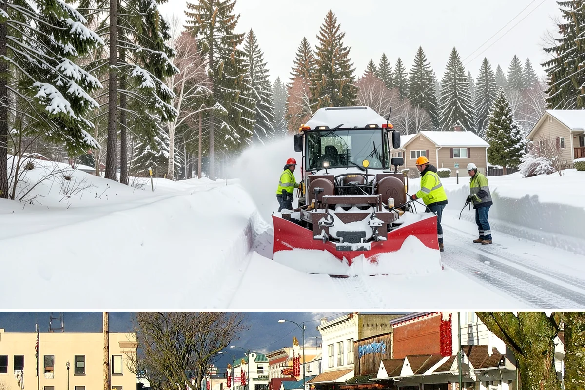 Downtown Snow Hauling in Arlington, Snohomish County, WA - Downtown hauling is done off-peak or overnight whenever lowland snow sticks and the dense grid leaves nowhere to stack it.