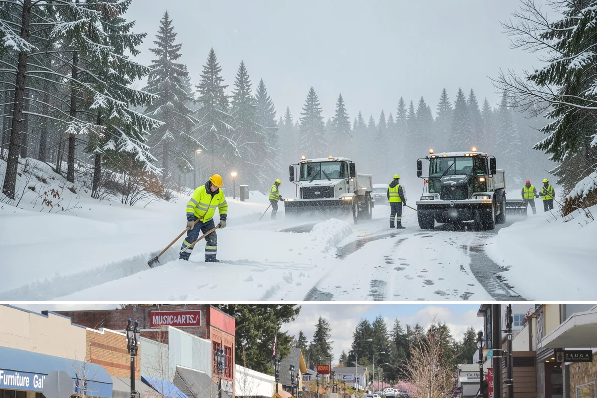 Downtown Snow Hauling in Bothell, King County, WA - Downtown hauling is done off-peak or overnight whenever lowland snow sticks and the dense grid leaves nowhere to stack it.