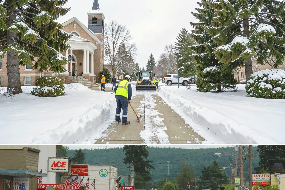 Downtown Snow Hauling in Carnation, King County, WA - Downtown hauling is done off-peak or overnight whenever lowland snow sticks and the dense grid leaves nowhere to stack it.