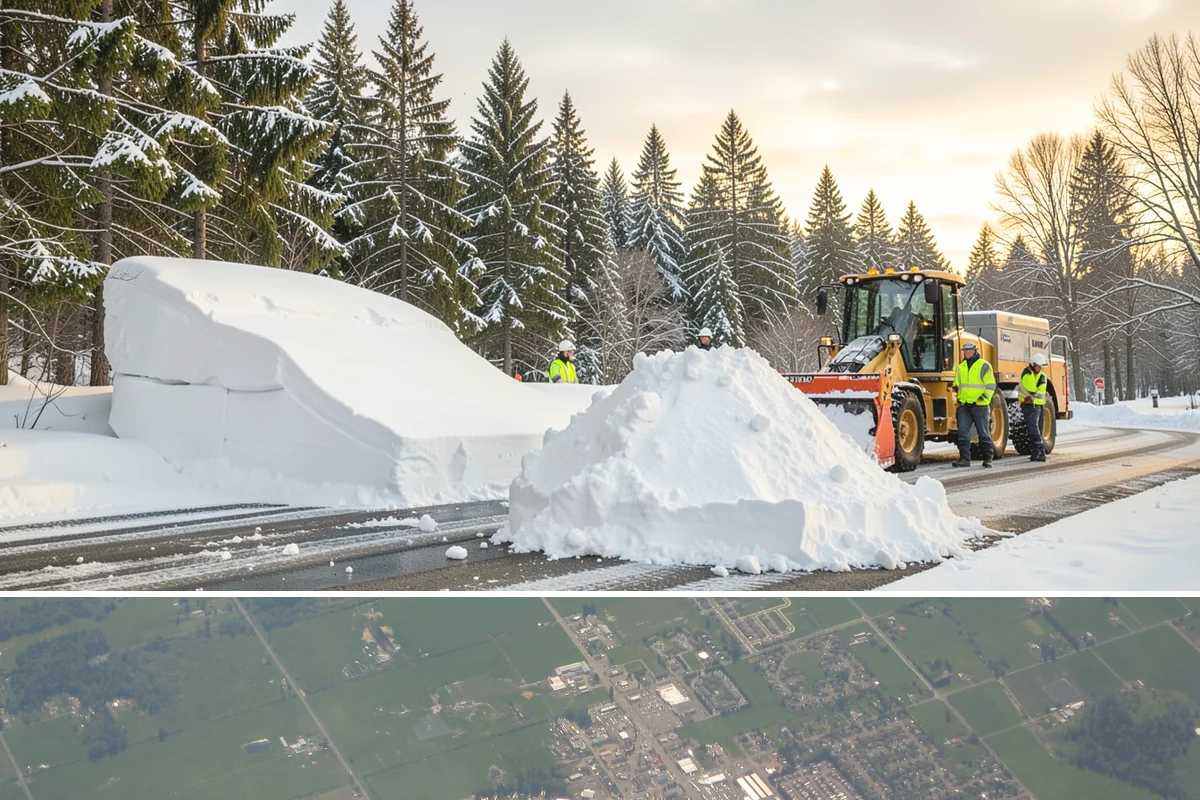 Downtown Snow Hauling in Enumclaw, King County, WA - Downtown hauling is done off-peak or overnight whenever lowland snow sticks and the dense grid leaves nowhere to stack it.
