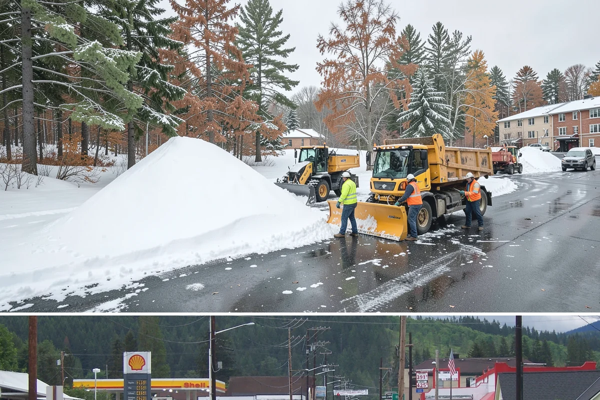 Downtown Snow Hauling in Granite Falls, Snohomish County, WA - Downtown hauling is done off-peak or overnight whenever lowland snow sticks and the dense grid leaves nowhere to stack it.