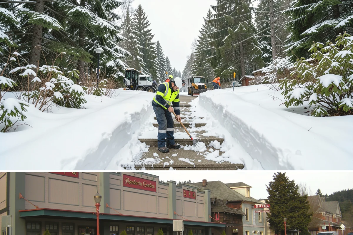 Downtown Snow Hauling in Issaquah, King County, WA - Downtown hauling is done off-peak or overnight whenever lowland snow sticks and the dense grid leaves nowhere to stack it.