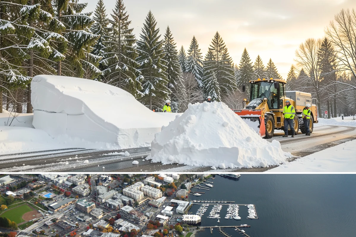 Downtown Snow Hauling in Kirkland, King County, WA - Downtown hauling is done off-peak or overnight whenever lowland snow sticks and the dense grid leaves nowhere to stack it.
