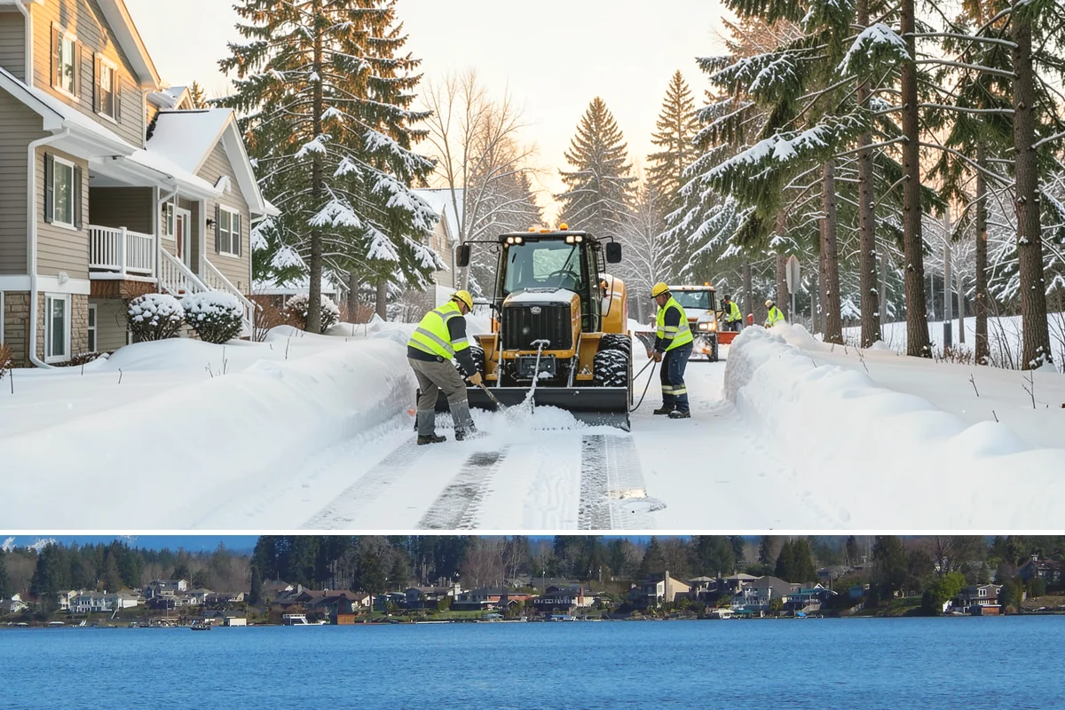 Downtown Snow Hauling in Lake Stevens, Snohomish County, WA - Downtown hauling is done off-peak or overnight whenever lowland snow sticks and the dense grid leaves nowhere to stack it.