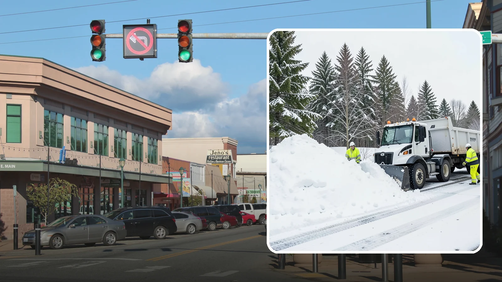 Downtown Snow Hauling in Monroe, Snohomish County, WA - We haul snow out of dense downtown blocks where there is simply nowhere on-site to put it.
