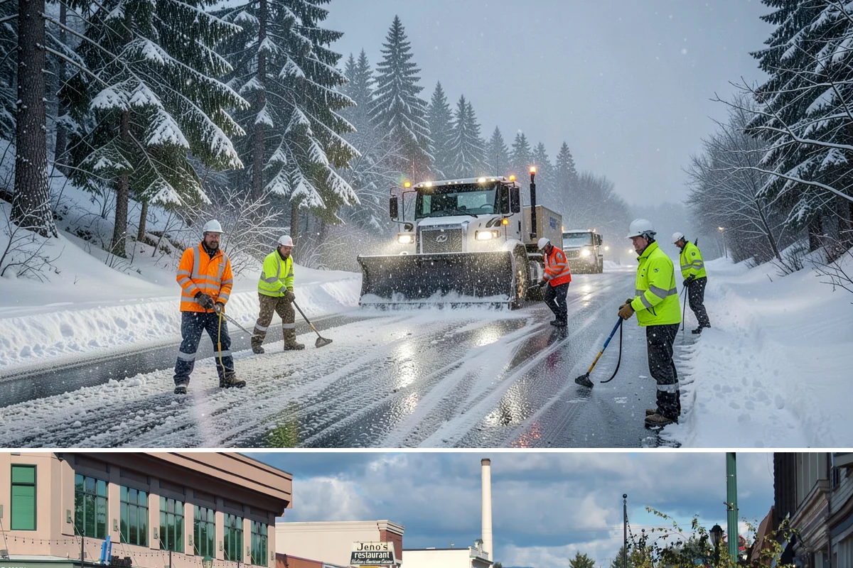 Downtown Snow Hauling in Monroe, Snohomish County, WA - Downtown hauling is done off-peak or overnight whenever lowland snow sticks and the dense grid leaves nowhere to stack it.